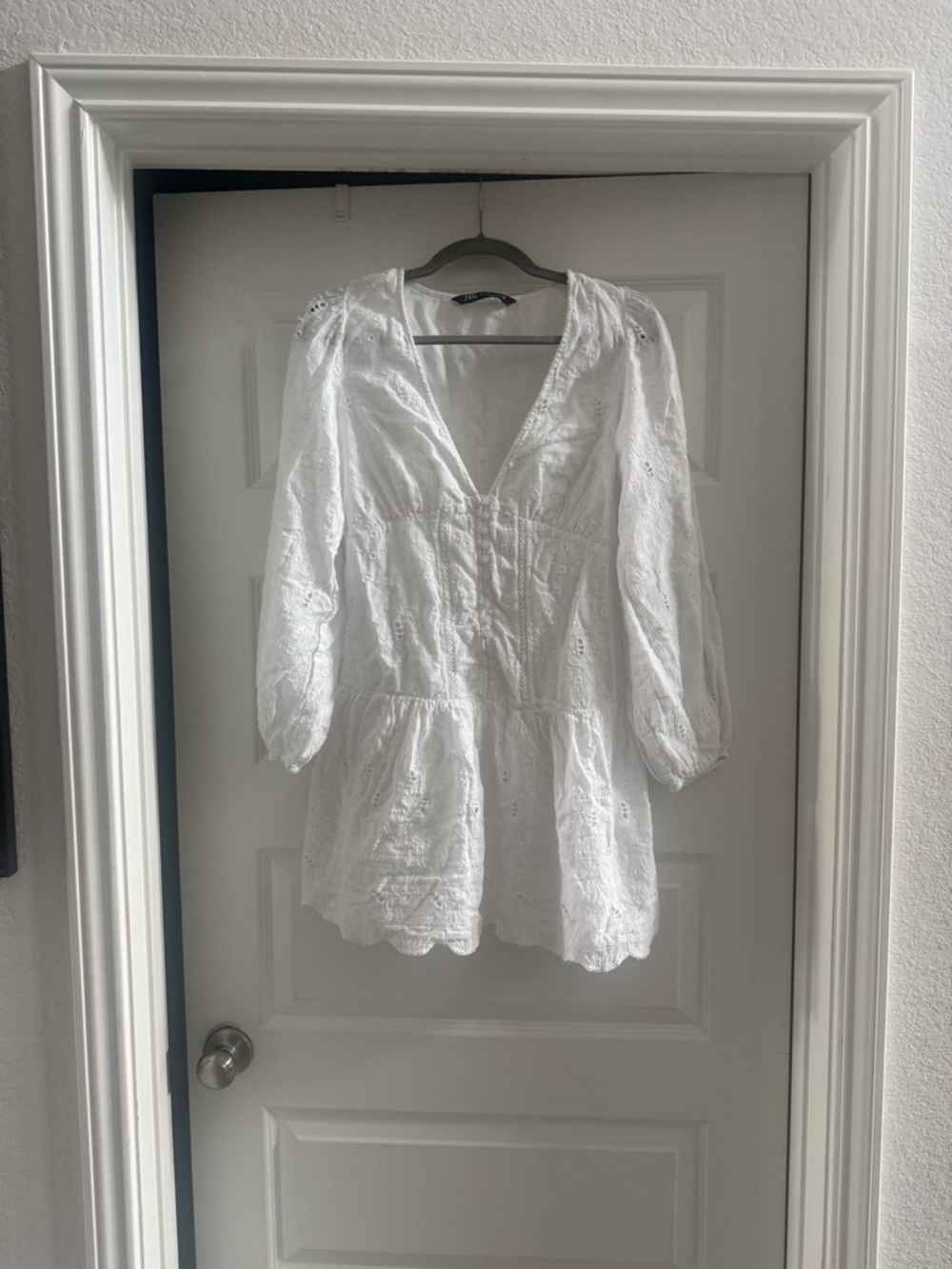 Zara White Eyelet V-Neck Peplum dress